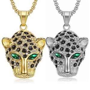 Hiphop Jewelry pendant 18K Gold Plated Cubic Zirconia 3D Panther Head Pendant Stainless Steel Animal Leopard Necklace for Gifts