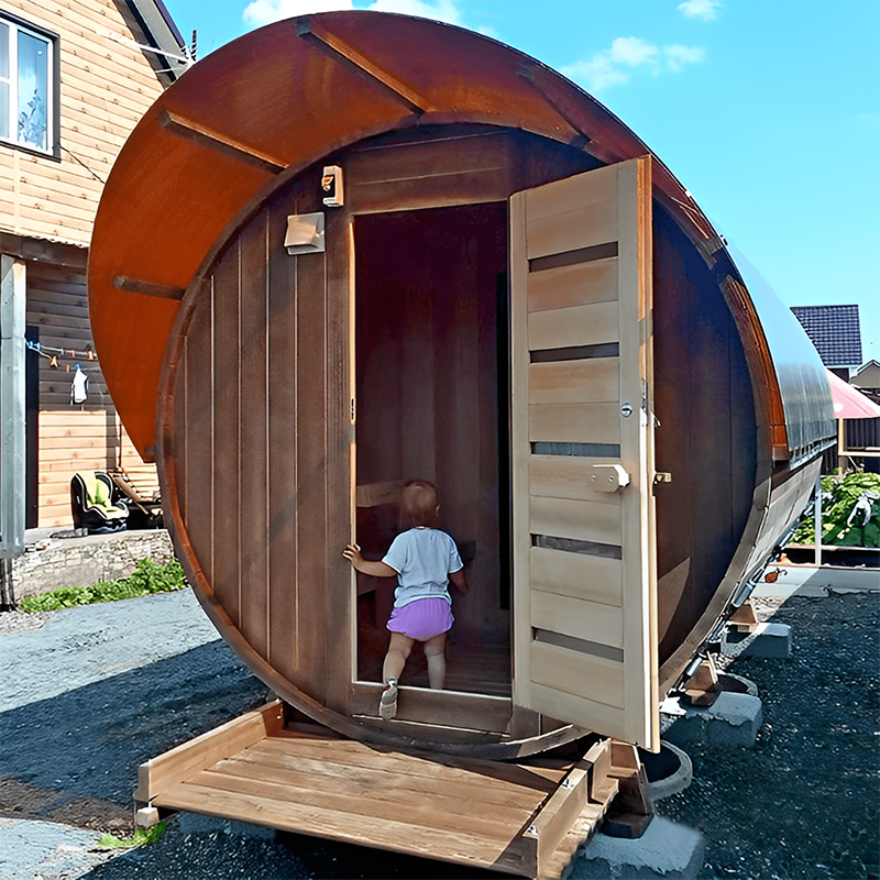 Outdoor Traditional Barrel Style All Wood Sauna With Wood Fired Heater