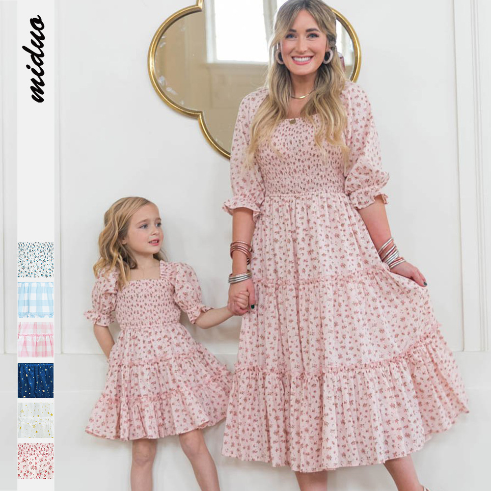 Summer Cute Mother Daughter Matching Clothes Dresses Elegant Floral Puff Sleeve Dress Polyester Woven Simple 100% Polyester Midi Custom Logo Printed Embroidered