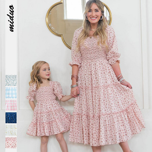 Summer Cute Mother Daughter Matching Clothes Dresses Elegant Floral Puff Sleeve Dress Polyester Woven Simple 100% Polyester Midi Custom Logo Printed Embroidered