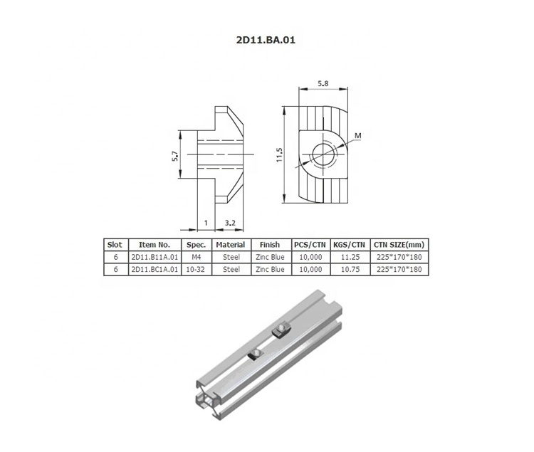 Nut 2D11.B11A.01 High quality Zinc plated steel slot 6 nut for aluminum profile slide hammer nut