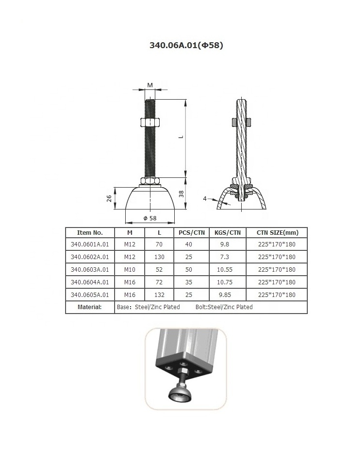 Adjustable Leveling Foot Steel Bolt M10/12/16 foundation bracket with Steel Base