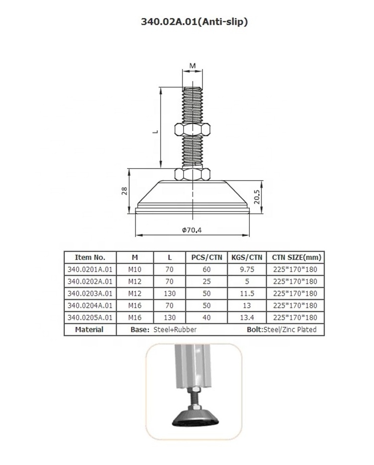 Adjustable Leveling Foot Steel Bolt M10/12/16 foundation bracket with Steel&Rubber Base