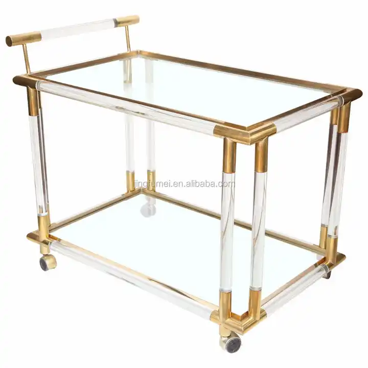 New Design Acrylic Hand Trolley Crystal Gold Food Cart Hotel Trolley Metal Wheel stainless steel cart glass serving cart