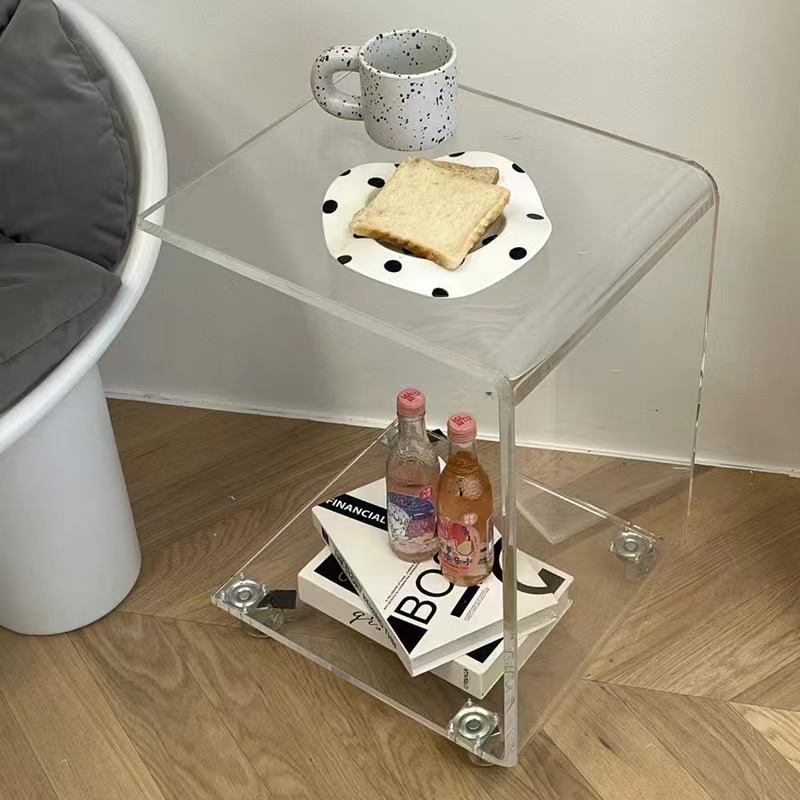 C Shape Bedroom Nightstand Modern Design Movable Coffee Table Clear Acrylic Storage Side Tables with Wheels