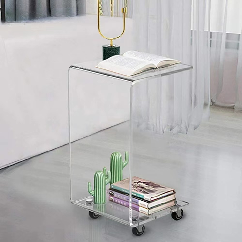 C Shape Bedroom Nightstand Modern Design Movable Coffee Table Clear Acrylic Storage Side Tables with Wheels