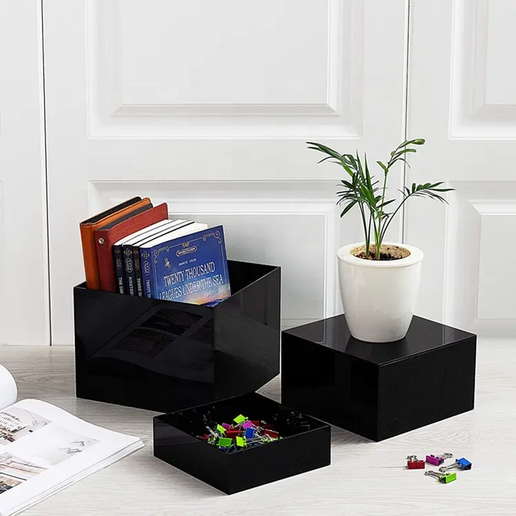 Creative  Acrylic Riser Colored Clear Plexiglass Cube Glossy Black Acrylic Cube Display Nesting Risers with Hollow Bottoms