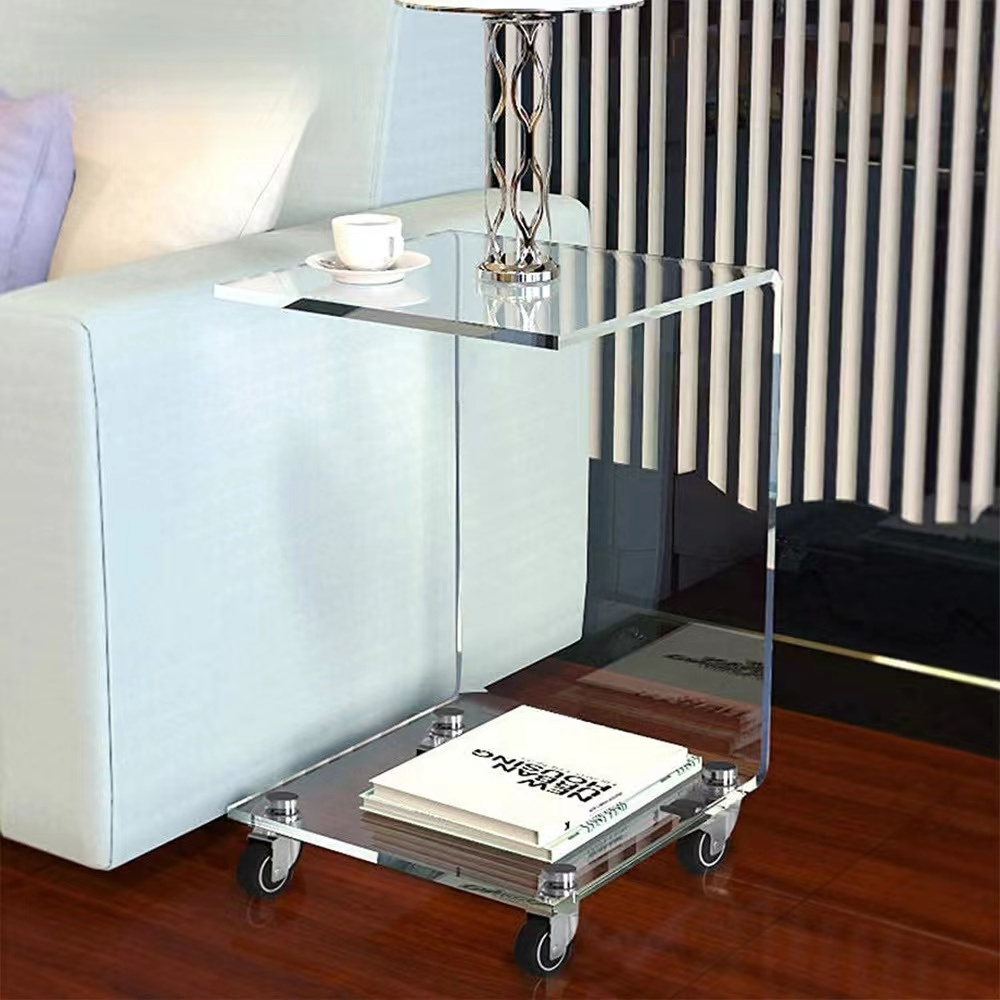 C Shape Bedroom Nightstand Modern Design Movable Coffee Table Clear Acrylic Storage Side Tables with Wheels