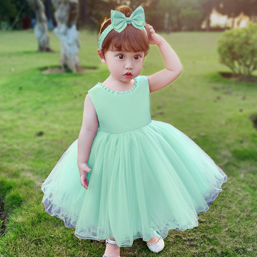 Wholesales Kids Gown Infant Clothing Birthday Pageant Party beading Formal Tulle Baby Dress Flower Girl Dress With Big Bow