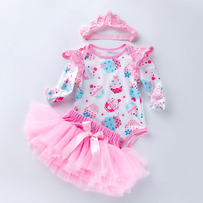 Wholesale Newborn cotton flutter lace sleeve romper and tutu skirts set headband romper tutu baby clothing set