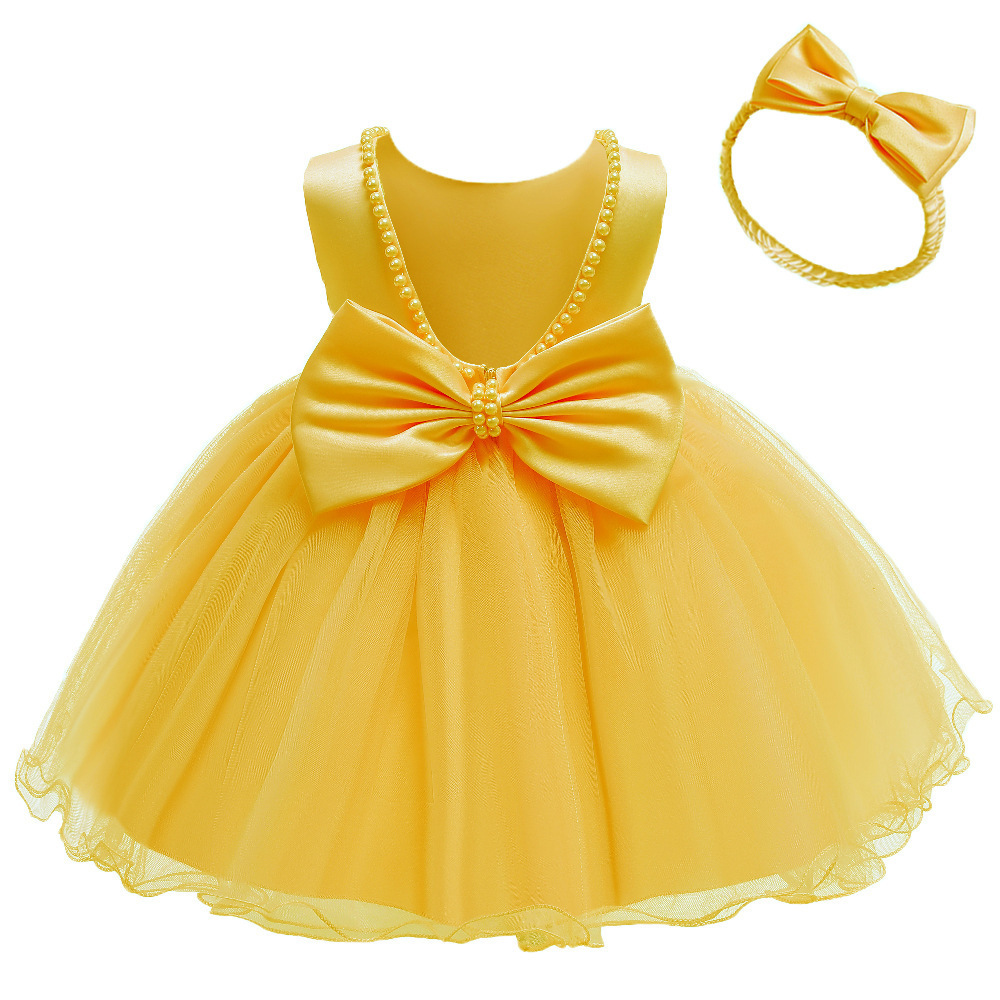 Wholesales Kids Gown Infant Clothing Birthday Pageant Party beading Formal Tulle Baby Dress Flower Girl Dress With Big Bow