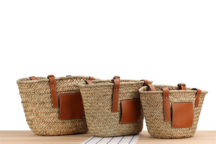 Straw Basket Bag Woven Tote Bag for Summer Beach PU Leather Strap Raffia Handbag for Women