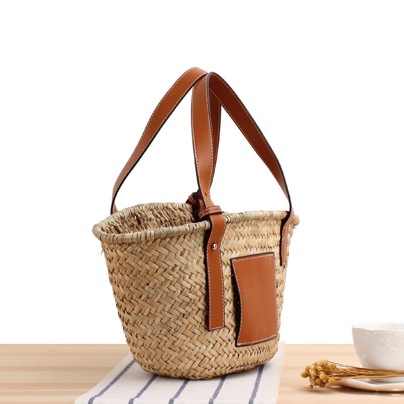 Straw Basket Bag Woven Tote Bag for Summer Beach PU Leather Strap Raffia Handbag for Women