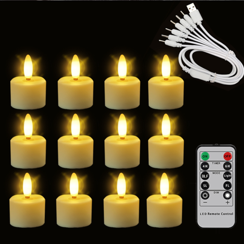 12 pack smart flameless rechargeable flicker USB charging battery operated led candle with remote control