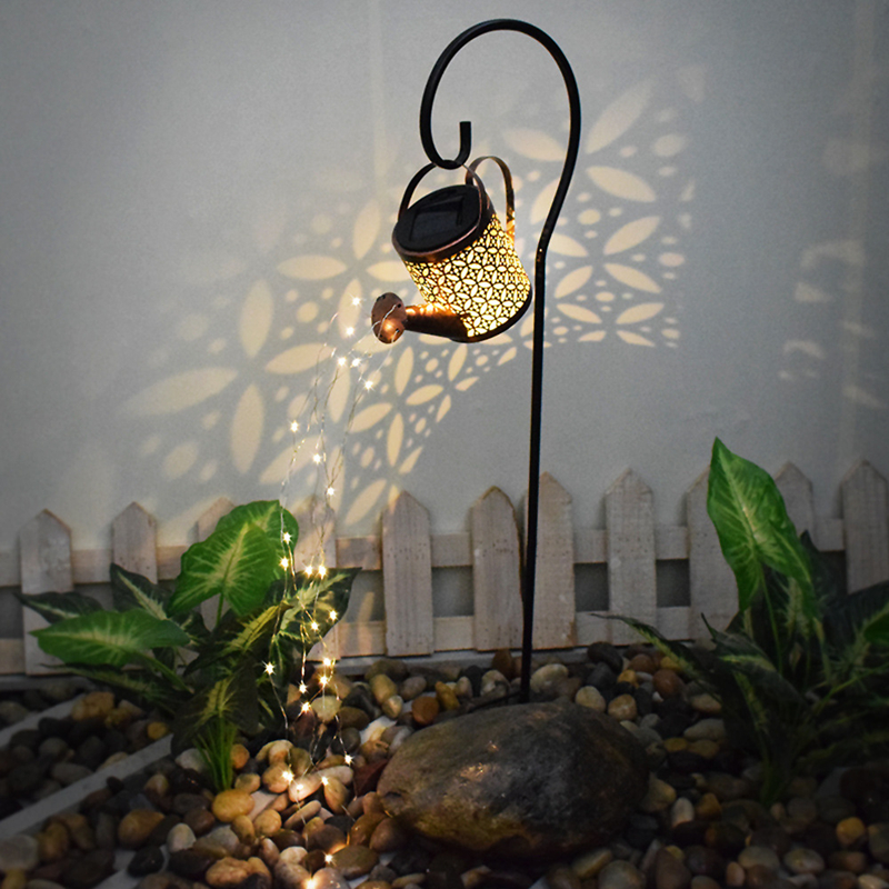 Outdoor landscape decor metal solar watering can stake light with twinkle string light