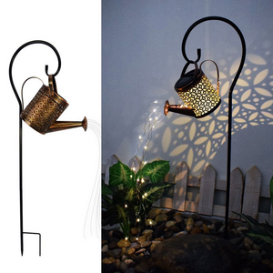 Outdoor landscape decor metal solar watering can stake light with twinkle string light