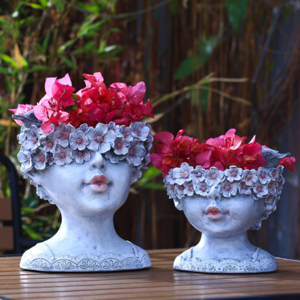 Outside garden supplies vintage white resin girl face molds flower pot planter with solar led light