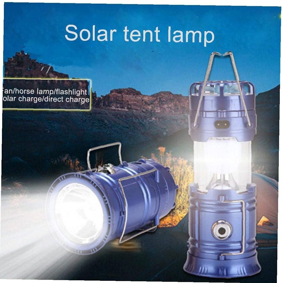 Portable Solar LED Camping Lantern Light Rechargeable With Ceiling Fan Hanger 2 in 1 Collapsible Solar Outdoor Tent Light Hiking