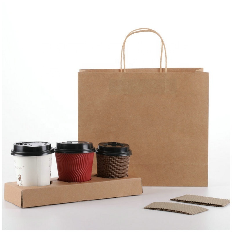 Factory wholesale disposable kraft paper corrugated milk tea coffee double cup holder portable take-out package paper cup holder