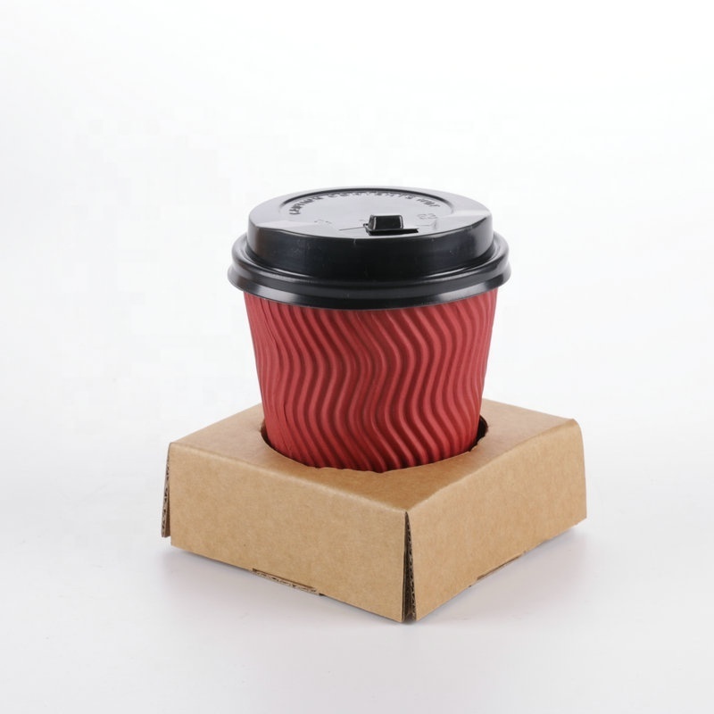 Factory wholesale disposable kraft paper corrugated milk tea coffee double cup holder portable take-out package paper cup holder