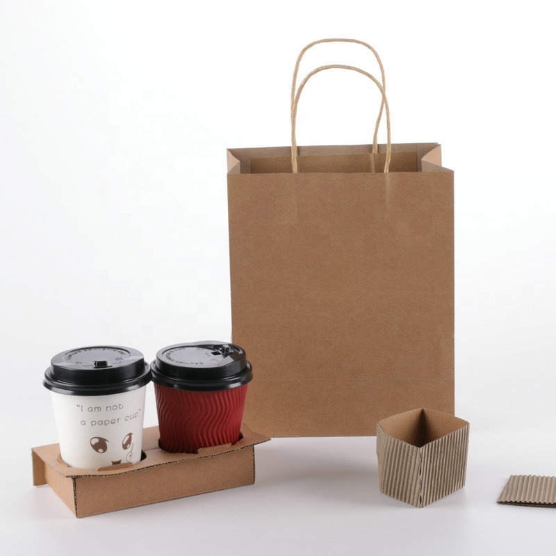 Factory wholesale disposable kraft paper corrugated milk tea coffee double cup holder portable take-out package paper cup holder