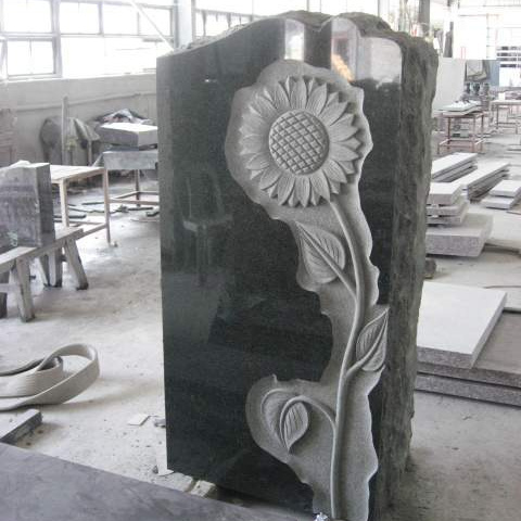 American Style Cemetery Usage Indian Black Granite Carved Sunflower Headstone