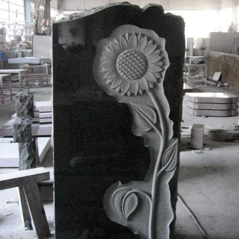 American Style Cemetery Usage Indian Black Granite Carved Sunflower Headstone