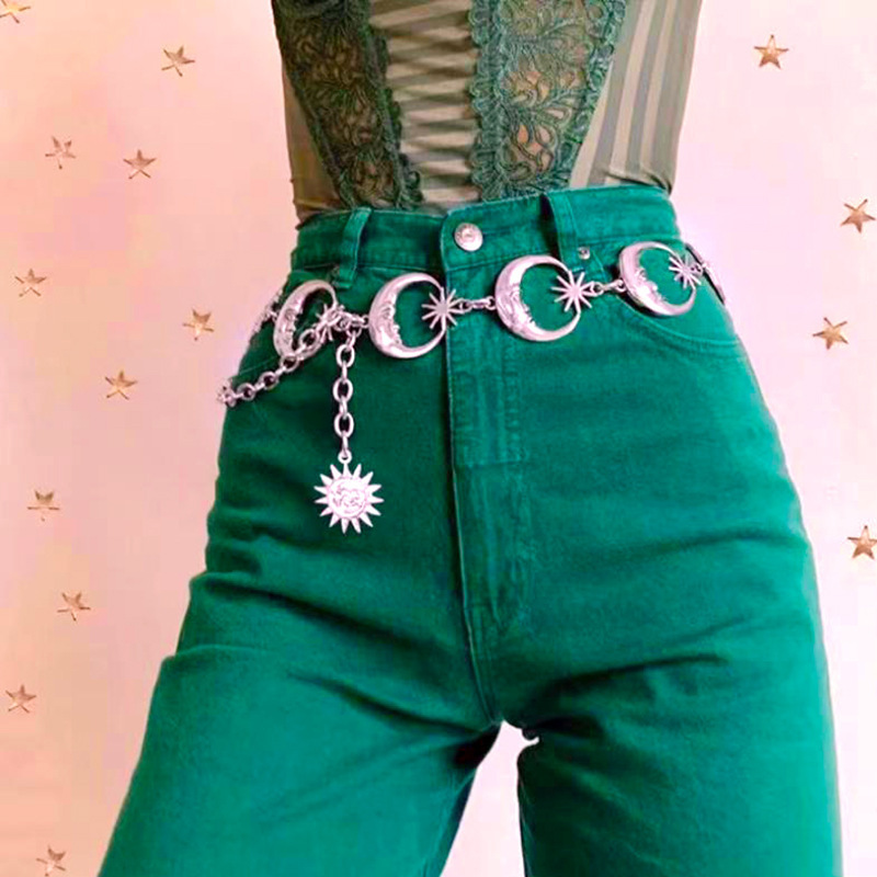 Punk Gothic Style Vintage Lady Belts Sun Sliver Moon Metal Women Female High Waist Chain Belts