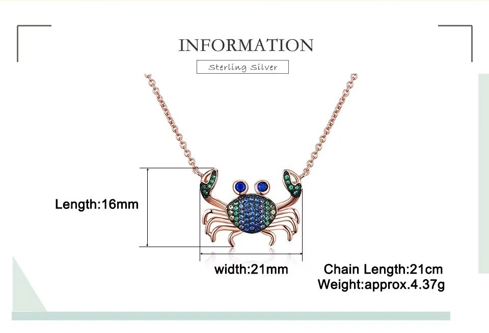 Fashion ins style rose gold plated S925 silver colorful zircon small crab pendant necklace