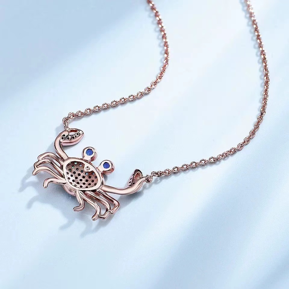 Fashion ins style rose gold plated S925 silver colorful zircon small crab pendant necklace