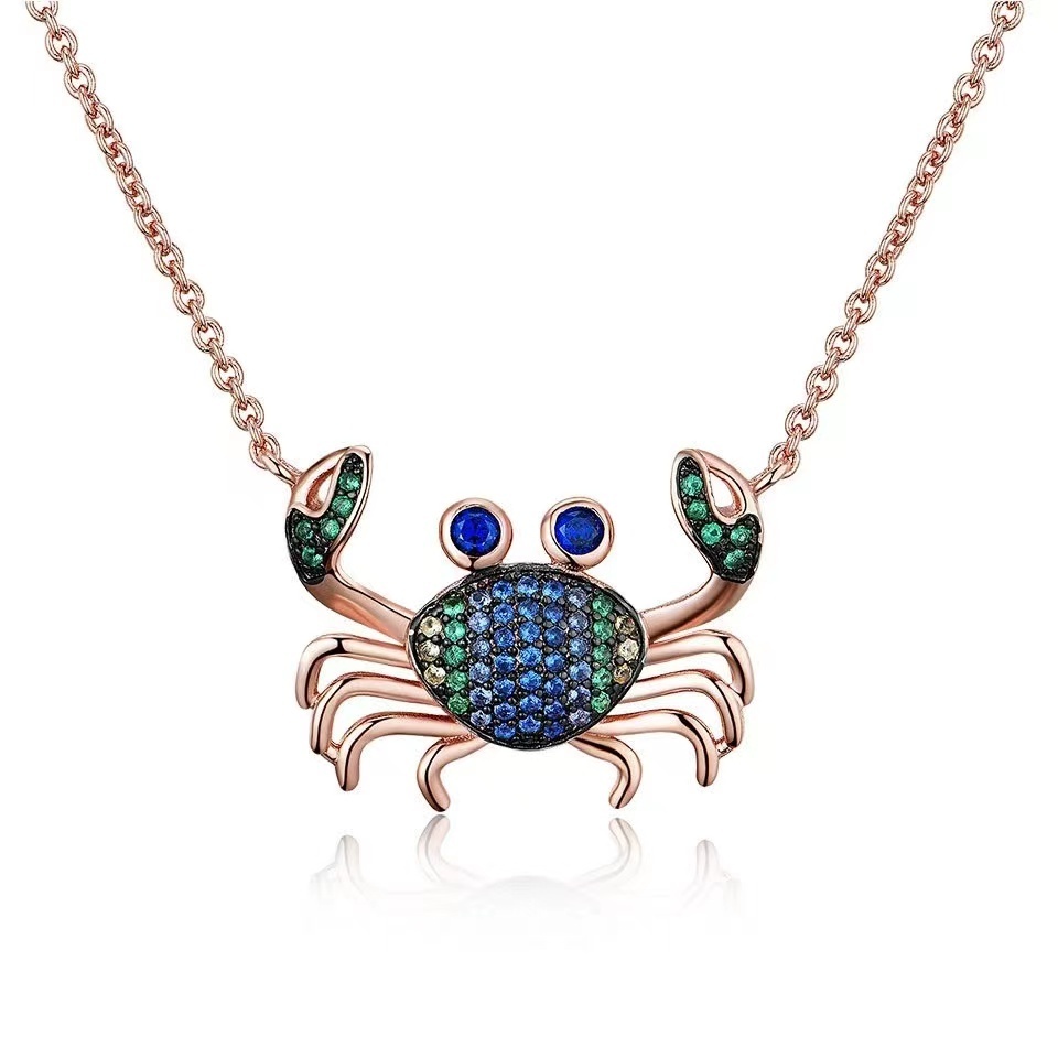 Fashion ins style rose gold plated S925 silver colorful zircon small crab pendant necklace