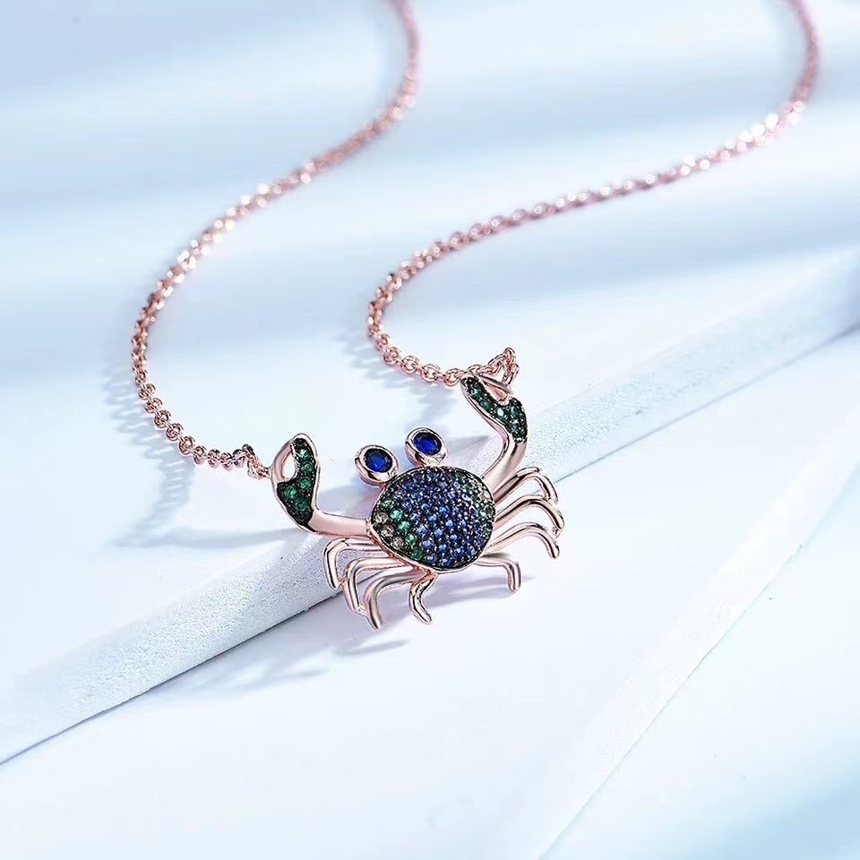 Fashion ins style rose gold plated S925 silver colorful zircon small crab pendant necklace