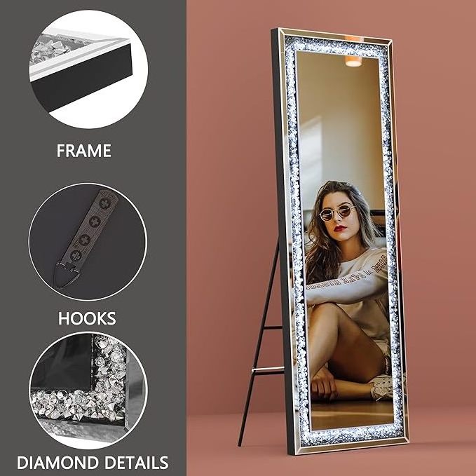 full body mirror luxury home decor smart mirror touch screen mirror with Lights and Crystal Crush Diamond Hanging Diamond