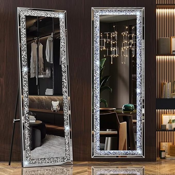 full body mirror luxury home decor smart mirror touch screen mirror with Lights and Crystal Crush Diamond Hanging Diamond