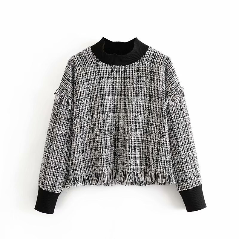 wy259 new women's elegant black white plaid tassels tweed sweatshirt ladies casual pullover soft twill pullovers jumper tops