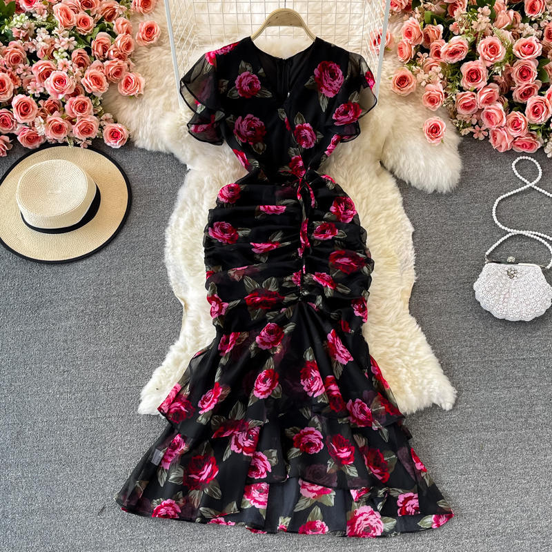 LY3084  New 2023 Korean Fashion Floral Print V Neck Slim Waist Bodycon Dress Women Sexy Dresses Clothing 3