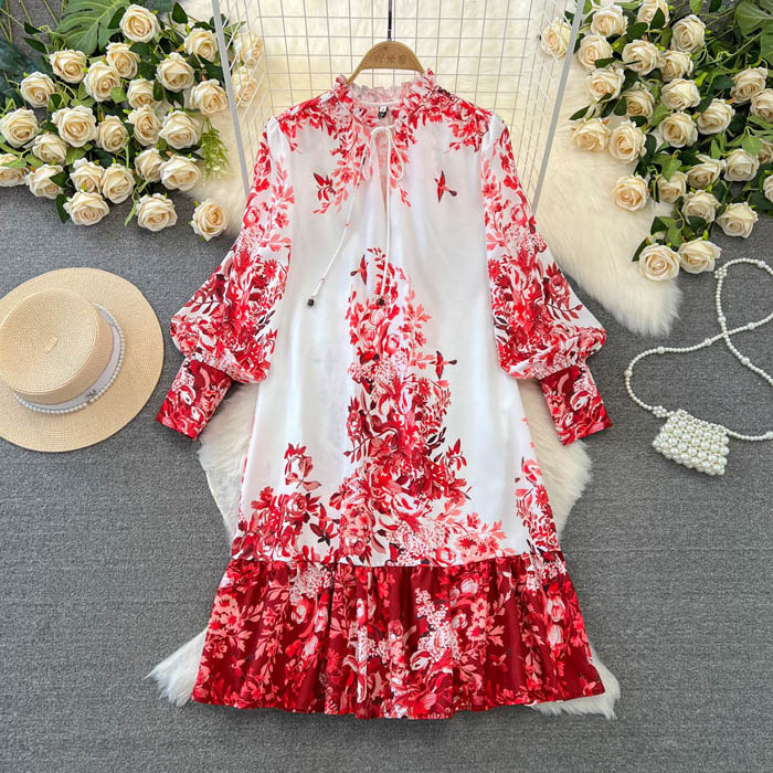 YM592  New 2024 Korean Chic Red Floral Print Long Sleeve Shirt Dress Women Casual Dresses Clothing 1