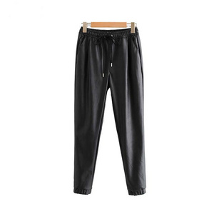 kz870 women chic PU leather pants solid elastic waist drawstring tie pockets female basic elegant trousers clothing wholesale