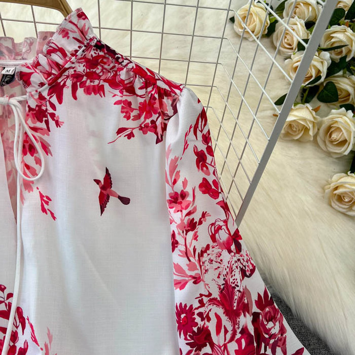 YM592  New 2024 Korean Chic Red Floral Print Long Sleeve Shirt Dress Women Casual Dresses Clothing 1