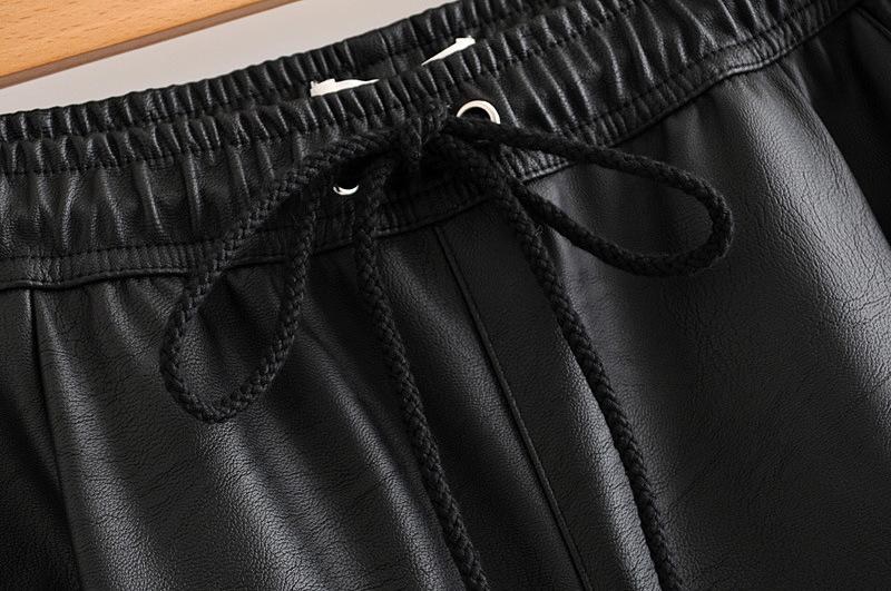 kz870 women chic PU leather pants solid elastic waist drawstring tie pockets female basic elegant trousers clothing wholesale