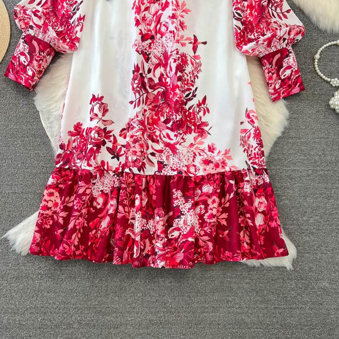 YM592  New 2024 Korean Chic Red Floral Print Long Sleeve Shirt Dress Women Casual Dresses Clothing 1