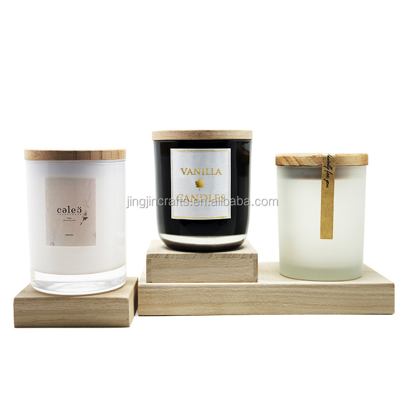 Matte black white glass candle holder with wooden lid/300ml 500ml glass candle jar