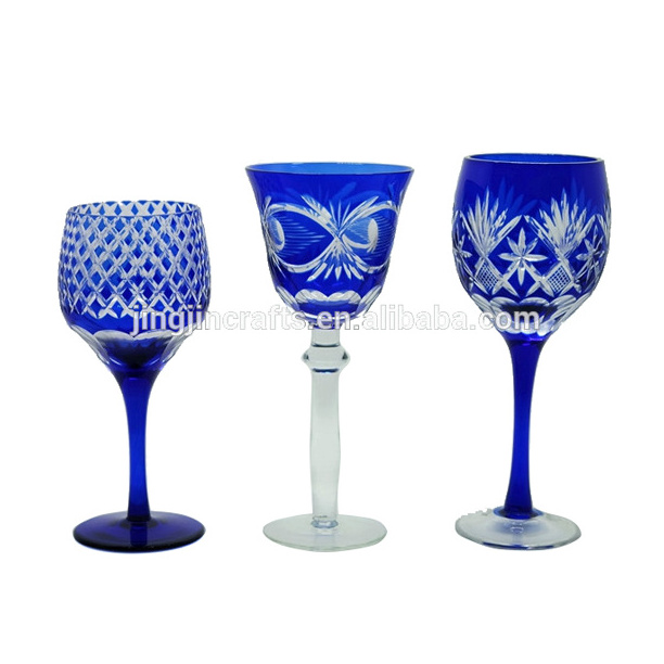 Cobalt blue series grape hand cut to clear wine glass goblet and stemware