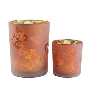 Wholesale popular internal electroplating frosted red  color pattern printgold  butterflies pattern candle jar holder with  lid