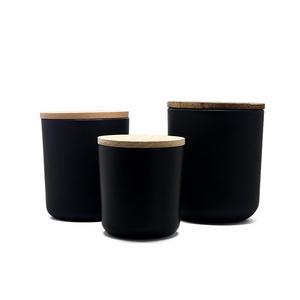 Customized Empty Matte Black glass candle holders in bulk matte black candle cup with wood lid bamboo lid