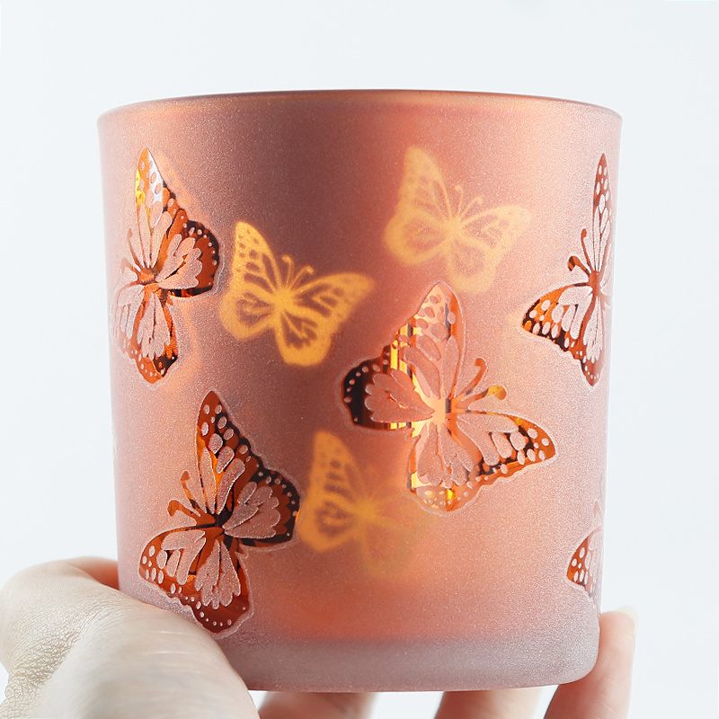 Wholesale popular internal electroplating frosted red  color pattern printgold  butterflies pattern candle jar holder with  lid