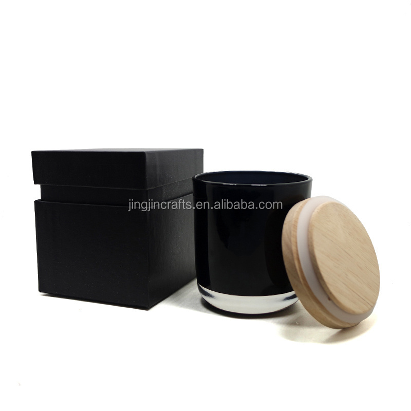 Matte black white glass candle holder with wooden lid/300ml 500ml glass candle jar