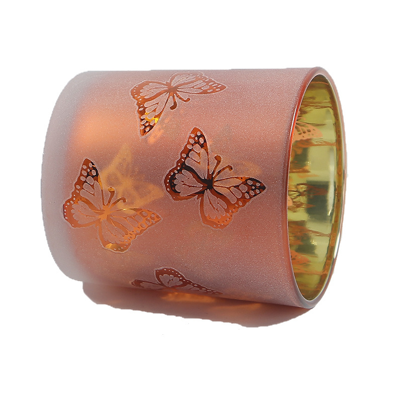 Wholesale popular internal electroplating frosted red  color pattern printgold  butterflies pattern candle jar holder with  lid