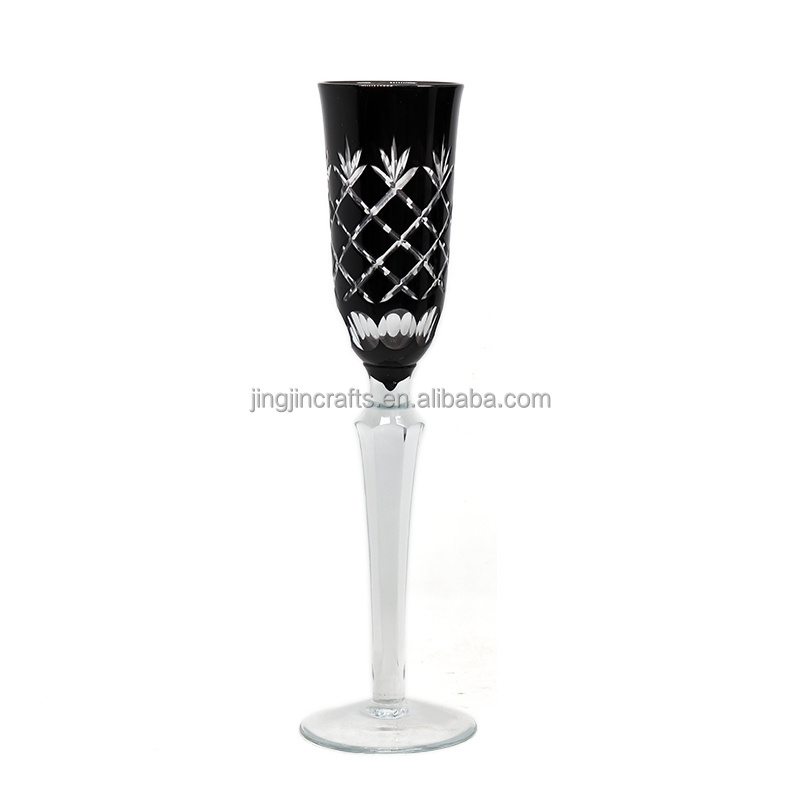 Black colored glass champagne flutes Bohemia cased wine glasses cut to clear