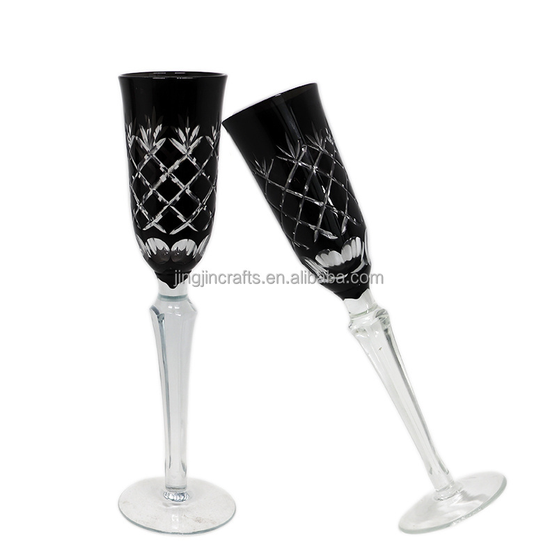 Black colored glass champagne flutes Bohemia cased wine glasses cut to clear